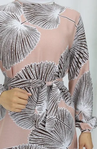 فستان منقوش بحزام 0445-02 فيزون بني 0445-02