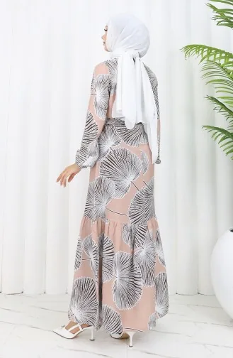 فستان منقوش بحزام 0445-02 فيزون بني 0445-02