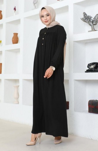 Viskose Kleid Mit Halben Knöpfen 7103-02 Schwarz 7103-02