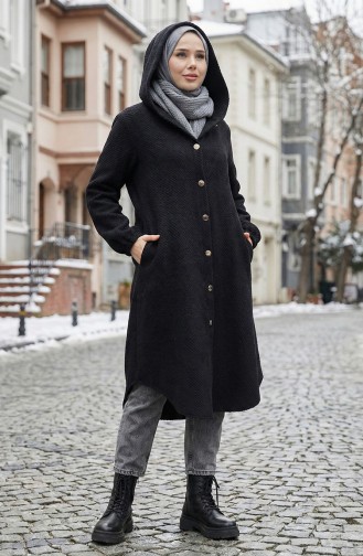 Kaschmir Mantel Mit Kapuze Und Knöpfen 0201-05 Schwarz 0201-05