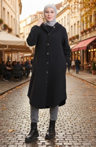 Kaschmir Mantel Mit Kapuze Und Knöpfen 0201-05 Schwarz 0201-05