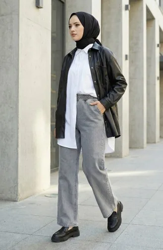 بنطال جينز بتصميم مطاط عند الخصر 9633-02 لون داكن 9633-02