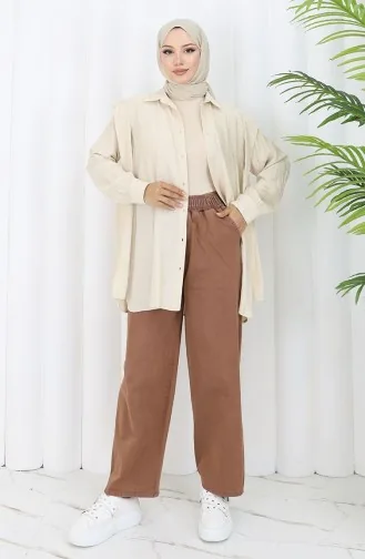 Beli Lastikli Kot Pantolon 9633-10 Koyu Kahverengi