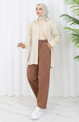 Beli Lastikli Kot Pantolon 9633-10 Koyu Kahverengi