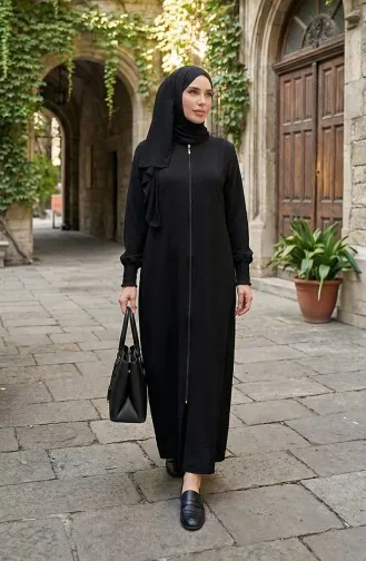 Cremefarbenes Leinen Abaya 5095-01 Schwarz 5095-01
