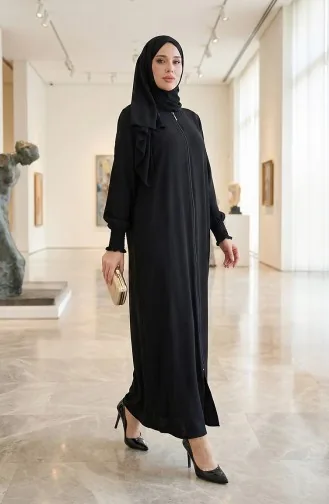 Cremefarbenes Leinen Abaya 5095-01 Schwarz 5095-01