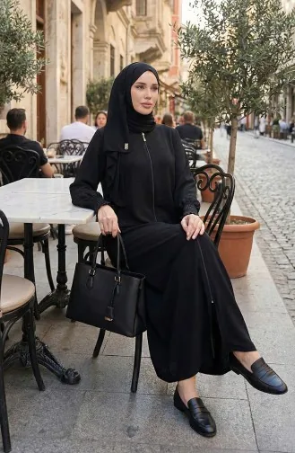 Cremefarbenes Leinen Abaya 5095-01 Schwarz 5095-01