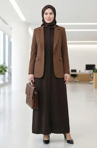 Crèmekleurige Stof Linnen Abaya 5095-03 Bruin 5095-03