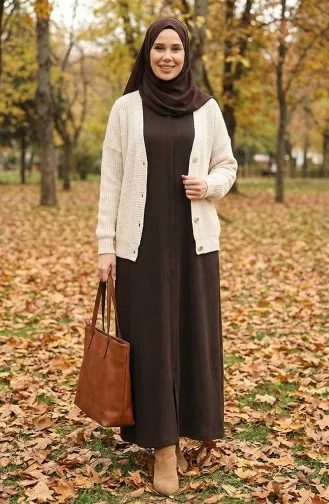 Crèmekleurige Stof Linnen Abaya 5095-03 Bruin 5095-03