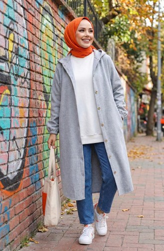 Manteau En Cachemire à Capuche Boutonné Devant 0188-02 Gris 0188-02