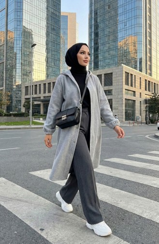 معطف كشمير بغطاء رأس وأزرار أمامية 0188-02 رمادي 0188-02