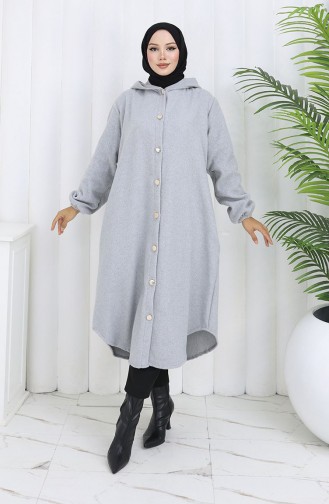 معطف كشمير بغطاء رأس وأزرار أمامية 0188-02 رمادي 0188-02