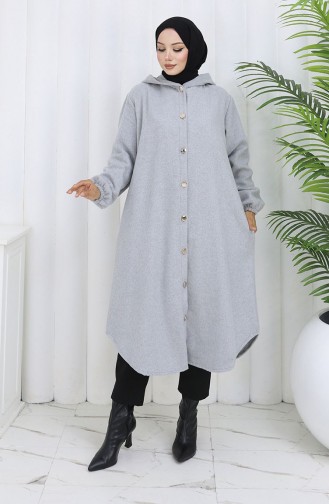 معطف كشمير بغطاء رأس وأزرار أمامية 0188-02 رمادي 0188-02
