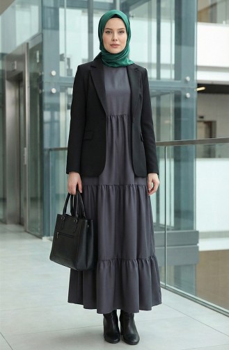 Yaka Bağcıklı Kat Kat Elbise 4107-12 Füme