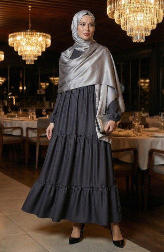 Yaka Bağcıklı Kat Kat Elbise 4107-12 Füme