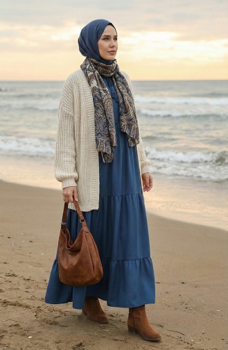 Yaka Bağcıklı Kat Kat Elbise 4107-15 Lacivert