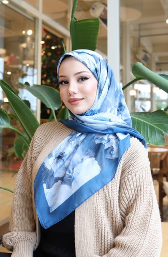 Floral Patterned Cotton Cocoon Scarf 70333-05 Light Petrol Gray 70333-05