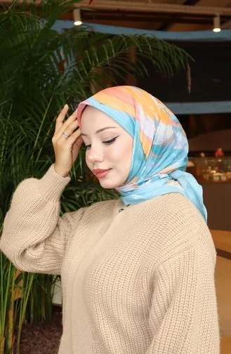 وشاح شرنقة قطني منقوش 70334-01 أزرق نعناعي سلمون 70334-01