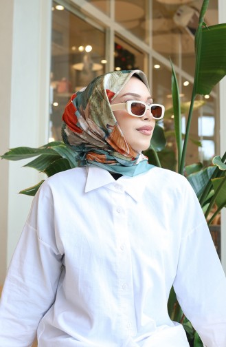 وشاح قطني بنقوش زهرية 70336-01 لون أخضر لوزي برتقالي 70336-01