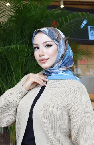Çiçek Desenli Pamuklu Koza Eşarp 70336-05 Mavi Kahverengi