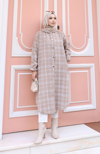 Manteau En Cachemire à Capuche Et Motif à Carreaux 0225-01 Vison 0225-01