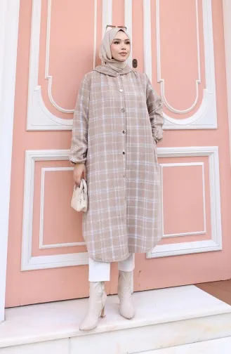 معطف كشمير بنقشة مربعات وغطاء رأس 0225-01 من المنك 0225-01