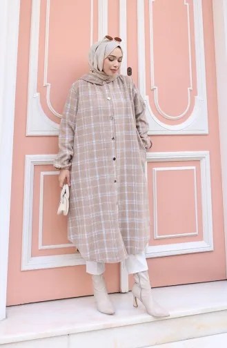 معطف كشمير بنقشة مربعات وغطاء رأس 0225-01 من المنك 0225-01