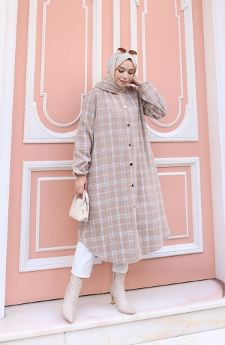 Manteau En Cachemire à Capuche Et Motif à Carreaux 0225-01 Vison 0225-01