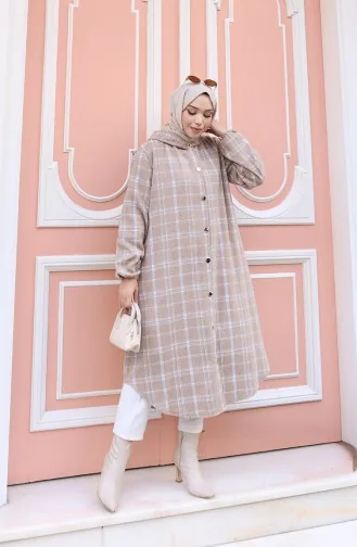 معطف كشمير بنقشة مربعات وغطاء رأس 0225-01 من المنك 0225-01