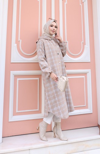 Manteau En Cachemire à Capuche Et Motif à Carreaux 0225-01 Vison 0225-01