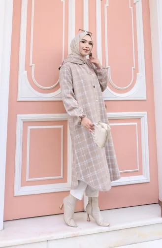 معطف كشمير بنقشة مربعات وغطاء رأس 0225-01 من المنك 0225-01