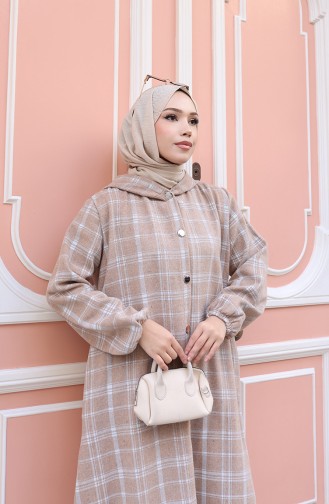 Manteau En Cachemire à Capuche Et Motif à Carreaux 0225-01 Vison 0225-01