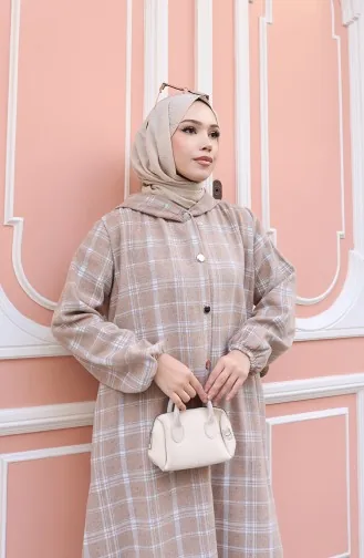 معطف كشمير بنقشة مربعات وغطاء رأس 0225-01 من المنك 0225-01