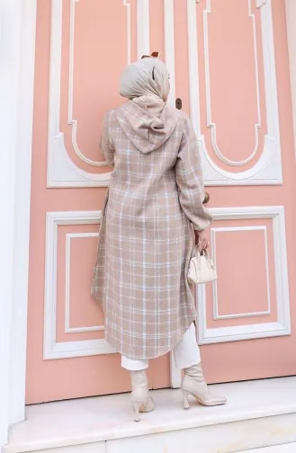 معطف كشمير بنقشة مربعات وغطاء رأس 0225-01 من المنك 0225-01