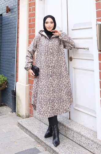 Manteau En Cachemire à Motif Léopard Avec Capuche Et Boutons 0226-01 Beige Anthracite 0226-01