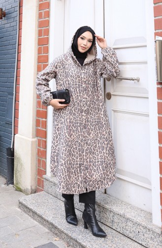 Manteau En Cachemire à Motif Léopard Avec Capuche Et Boutons 0226-01 Beige Anthracite 0226-01