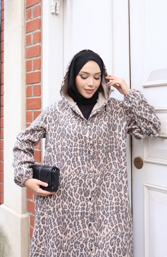 Manteau En Cachemire à Motif Léopard Avec Capuche Et Boutons 0226-01 Beige Anthracite 0226-01