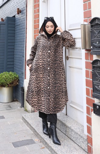 Manteau En Cachemire à Capuche Et Boutons Motif Léopard Noir Et Marron 0226-02 0226-02