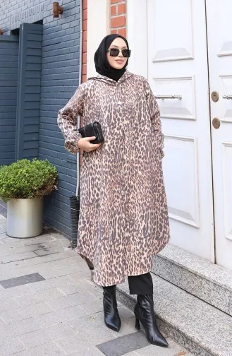 Manteau En Cachemire à Capuche Et Boutons Motif Léopard Couleur Café Au Lait Anthracite 0226-03 0226-03