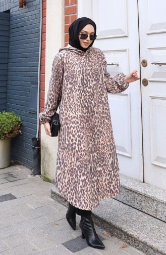 Manteau En Cachemire à Capuche Et Boutons Motif Léopard Couleur Café Au Lait Anthracite 0226-03 0226-03