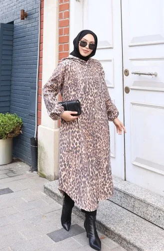 Manteau En Cachemire à Capuche Et Boutons Motif Léopard Couleur Café Au Lait Anthracite 0226-03 0226-03