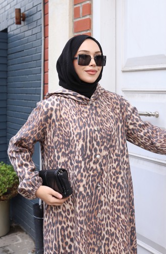 Manteau En Cachemire à Capuche Et Boutons Motif Léopard Couleur Café Au Lait Anthracite 0226-03 0226-03