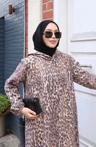 Manteau En Cachemire à Capuche Et Boutons Motif Léopard Couleur Café Au Lait Anthracite 0226-03 0226-03