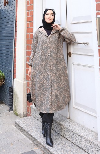 Manteau En Cachemire à Motif Léopard Avec Capuche Et Boutons 0226-04 Anthracite 0226-04