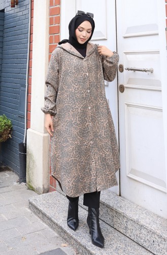 Manteau En Cachemire à Motif Léopard Avec Capuche Et Boutons 0226-04 Anthracite 0226-04