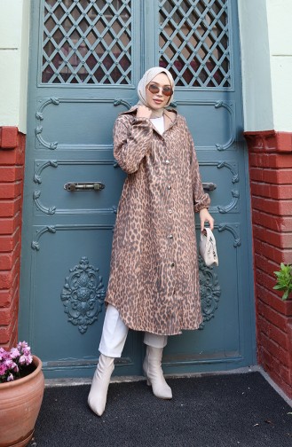 Hooded Buttoned Leopard Patterned Cashmere Coat 0226-05 Brown Anthracite 0226-05