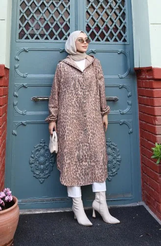 Kapuzenmantel Aus Kaschmir Mit Leopardenmuster Und Knöpfen Modell 0226-05 Braun/Anthrazit 0226-05