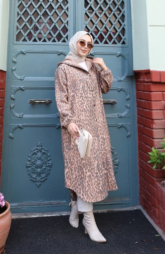 Manteau En Cachemire à Capuche Et Boutons Motif Léopard Marron Anthracite 0226-05 0226-05