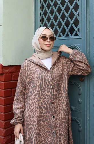 Kapuzenmantel Aus Kaschmir Mit Leopardenmuster Und Knöpfen Modell 0226-05 Braun/Anthrazit 0226-05