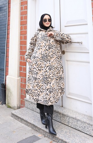 Hooded Buttoned Leopard Patterned Cashmere Coat 0226-06 Beige Mink 0226-06